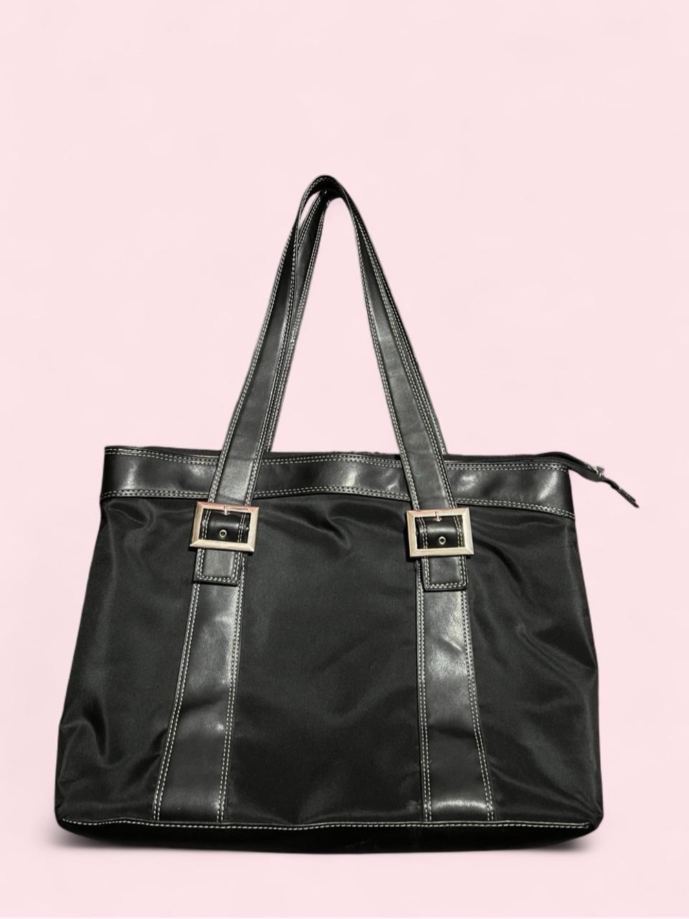 Black Tote Bag with Buckle-Trim Handles